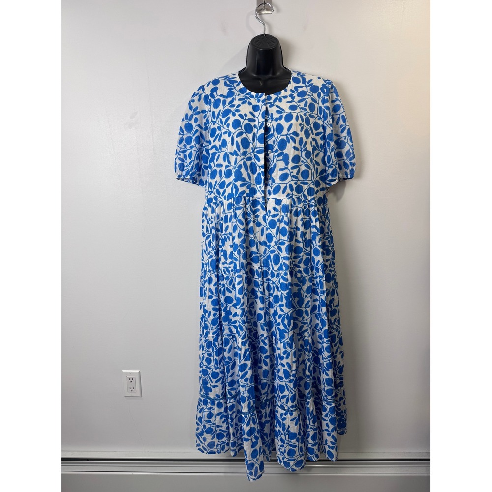 Ro's Garden Women Blue Floral Tiered Maxi Dress Short Sleeve Large